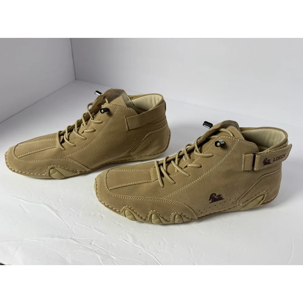 LDECK Mens Tan High Top Driving Shoes Bungee Lace Up Boots Size 41 EU